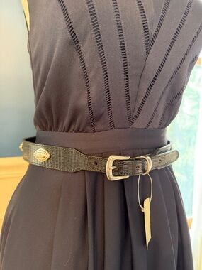 Talbots Black Textured Leather Belt with Silver-Tone Buckle and Conchos